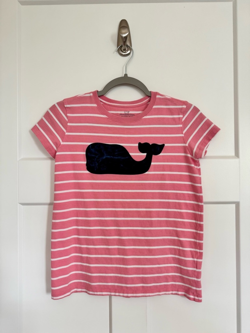 Vineyard Vines Pink White Striped Short Sleeve T-Shirt Navy Velvet Whale Size L